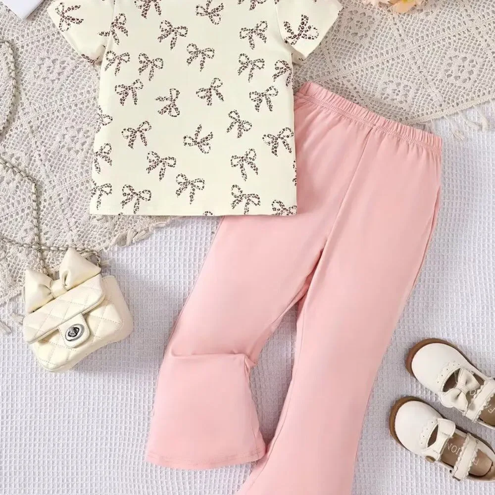 Casual Fashion Short-Sleeve Set w Bow Print Paired w Pink Flared Pants 7-8Y